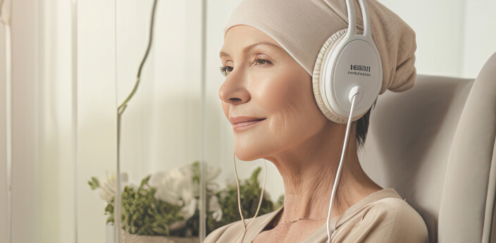 Woman receiving an infusion treatment at an infusion center wearing headphones and relaxing